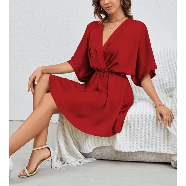 LYANER Women's Satin V Neck Twist Ruffle Flowy Swing Short Sleeve Elegant Mini Dress