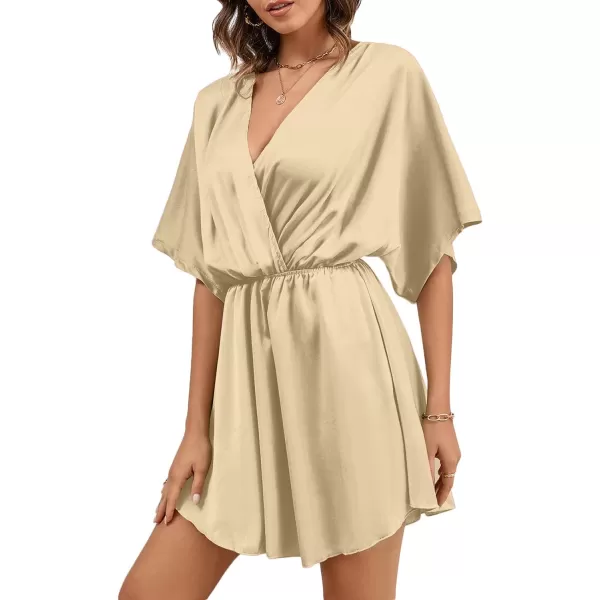 LYANER Women's Satin V Neck Twist Ruffle Flowy Swing Short Sleeve Elegant Mini Dress