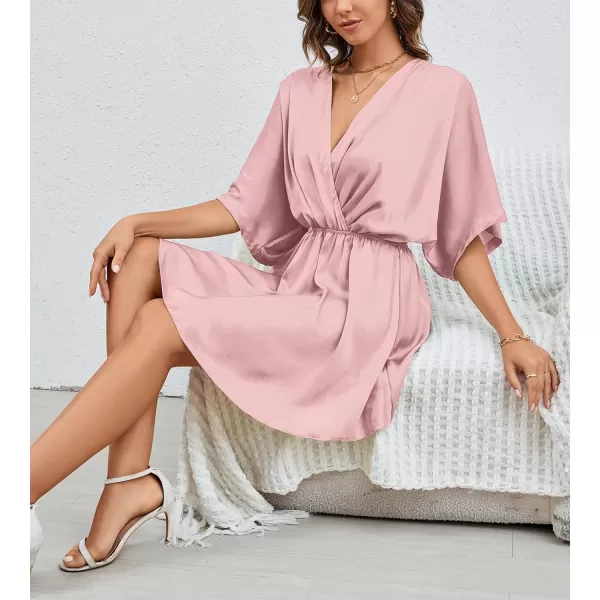 LYANER Women's Satin V Neck Twist Ruffle Flowy Swing Short Sleeve Elegant Mini Dress