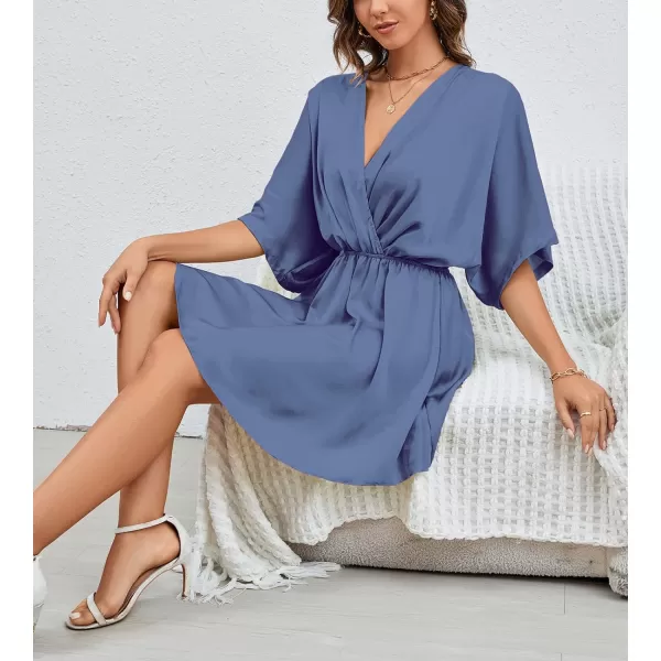 LYANER Women's Satin V Neck Twist Ruffle Flowy Swing Short Sleeve Elegant Mini Dress