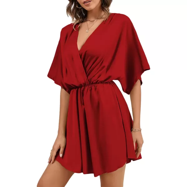 LYANER Women's Satin V Neck Twist Ruffle Flowy Swing Short Sleeve Elegant Mini Dress