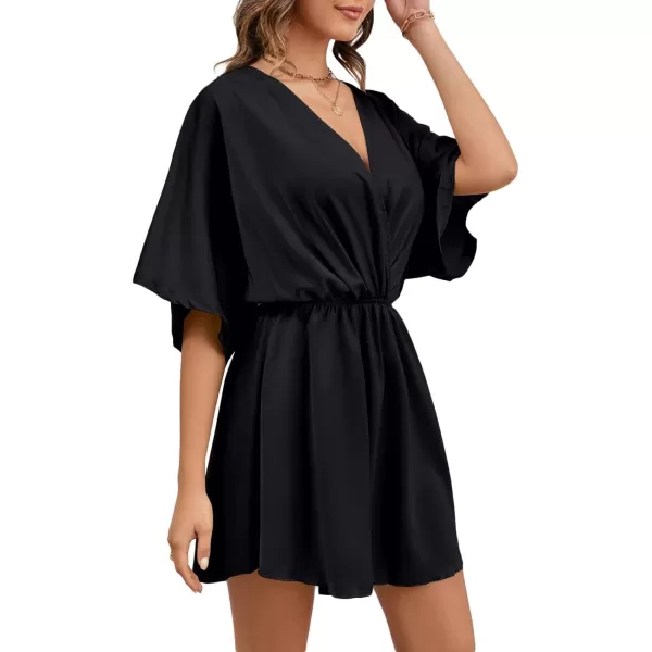 LYANER Women's Satin V Neck Twist Ruffle Flowy Swing Short Sleeve Elegant Mini Dress