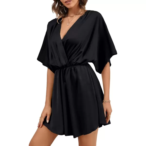 LYANER Women's Satin V Neck Twist Ruffle Flowy Swing Short Sleeve Elegant Mini Dress