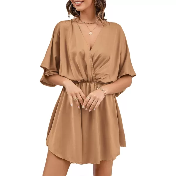 LYANER Women's Satin V Neck Twist Ruffle Flowy Swing Short Sleeve Elegant Mini Dress