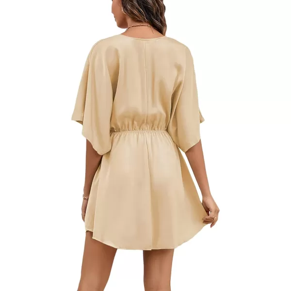 LYANER Women's Satin V Neck Twist Ruffle Flowy Swing Short Sleeve Elegant Mini Dress