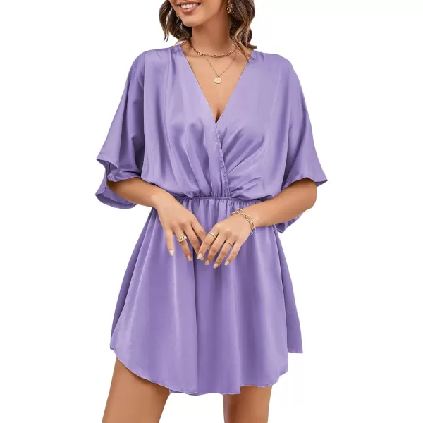 LYANER Women's Satin V Neck Twist Ruffle Flowy Swing Short Sleeve Elegant Mini Dress