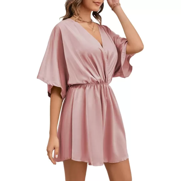 LYANER Women's Satin V Neck Twist Ruffle Flowy Swing Short Sleeve Elegant Mini Dress