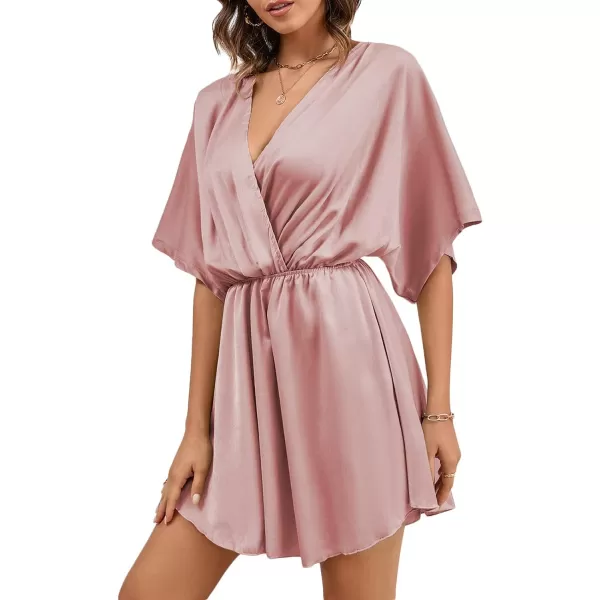 LYANER Women's Satin V Neck Twist Ruffle Flowy Swing Short Sleeve Elegant Mini Dress