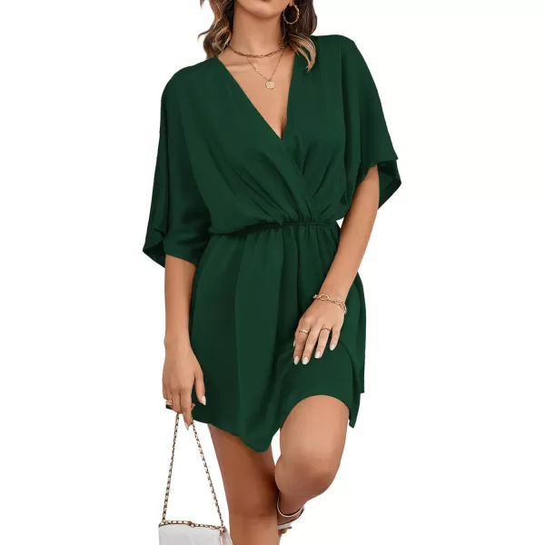 LYANER Women's Satin V Neck Twist Ruffle Flowy Swing Short Sleeve Elegant Mini Dress