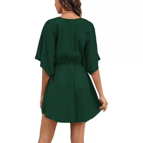 LYANER Women's Satin V Neck Twist Ruffle Flowy Swing Short Sleeve Elegant Mini Dress