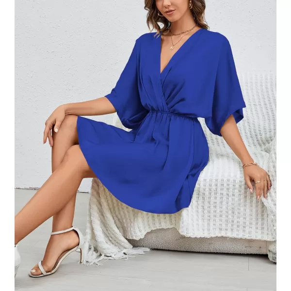 LYANER Women's Satin V Neck Twist Ruffle Flowy Swing Short Sleeve Elegant Mini Dress