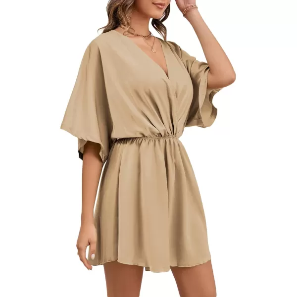 LYANER Women's Satin V Neck Twist Ruffle Flowy Swing Short Sleeve Elegant Mini Dress