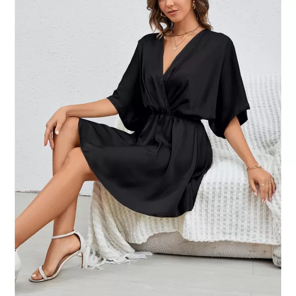 LYANER Women's Satin V Neck Twist Ruffle Flowy Swing Short Sleeve Elegant Mini Dress