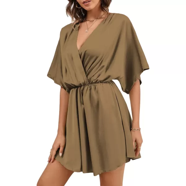 LYANER Women's Satin V Neck Twist Ruffle Flowy Swing Short Sleeve Elegant Mini Dress