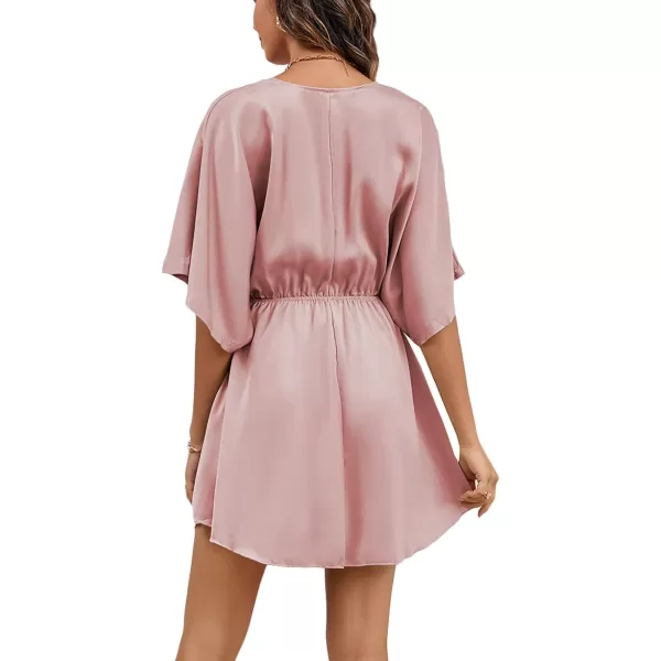 LYANER Women's Satin V Neck Twist Ruffle Flowy Swing Short Sleeve Elegant Mini Dress
