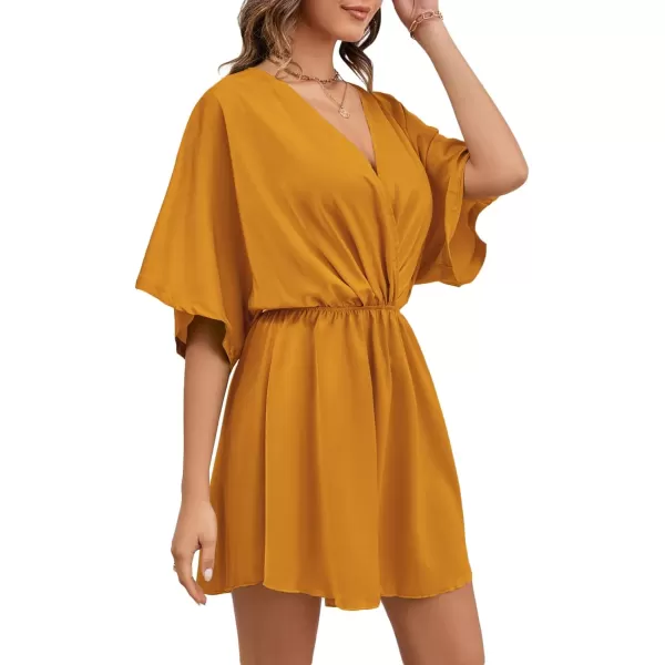 LYANER Women's Satin V Neck Twist Ruffle Flowy Swing Short Sleeve Elegant Mini Dress