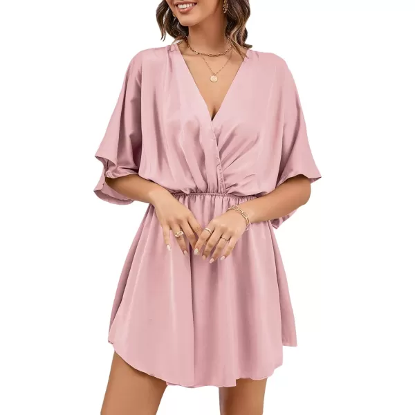 LYANER Women's Satin V Neck Twist Ruffle Flowy Swing Short Sleeve Elegant Mini Dress