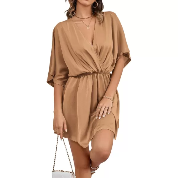 LYANER Women's Satin V Neck Twist Ruffle Flowy Swing Short Sleeve Elegant Mini Dress