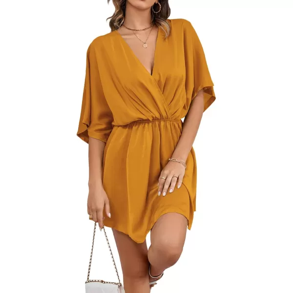 LYANER Women's Satin V Neck Twist Ruffle Flowy Swing Short Sleeve Elegant Mini Dress
