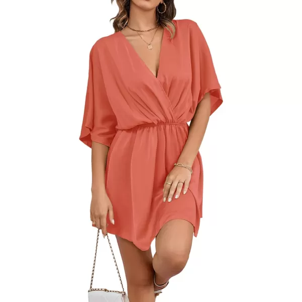 LYANER Women's Satin V Neck Twist Ruffle Flowy Swing Short Sleeve Elegant Mini Dress