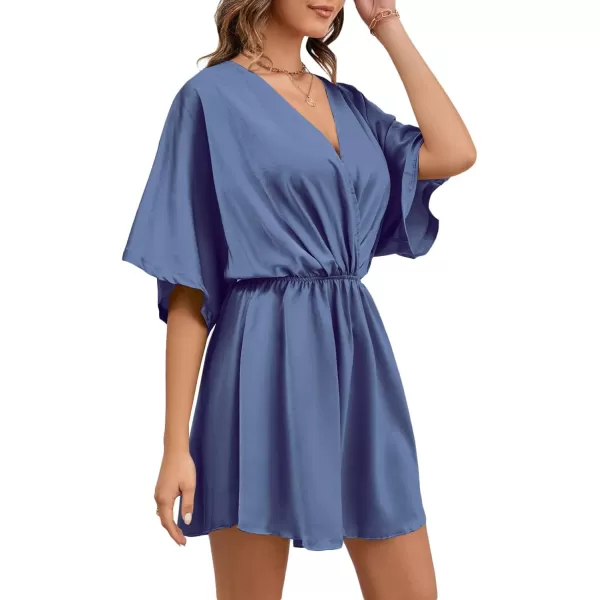 LYANER Women's Satin V Neck Twist Ruffle Flowy Swing Short Sleeve Elegant Mini Dress