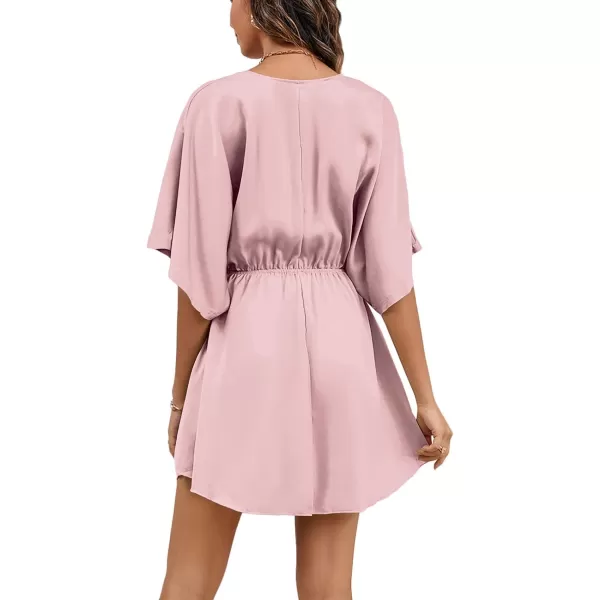 LYANER Women's Satin V Neck Twist Ruffle Flowy Swing Short Sleeve Elegant Mini Dress