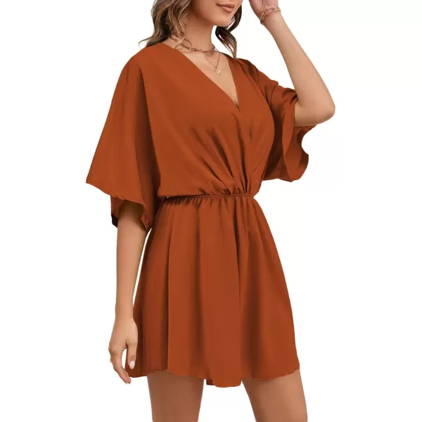 LYANER Women's Satin V Neck Twist Ruffle Flowy Swing Short Sleeve Elegant Mini Dress