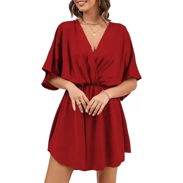 LYANER Women's Satin V Neck Twist Ruffle Flowy Swing Short Sleeve Elegant Mini Dress