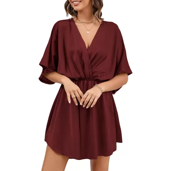 LYANER Women's Satin V Neck Twist Ruffle Flowy Swing Short Sleeve Elegant Mini Dress