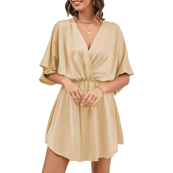 LYANER Women's Satin V Neck Twist Ruffle Flowy Swing Short Sleeve Elegant Mini Dress