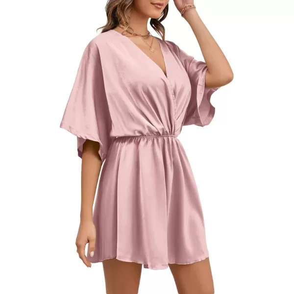 LYANER Women's Satin V Neck Twist Ruffle Flowy Swing Short Sleeve Elegant Mini Dress