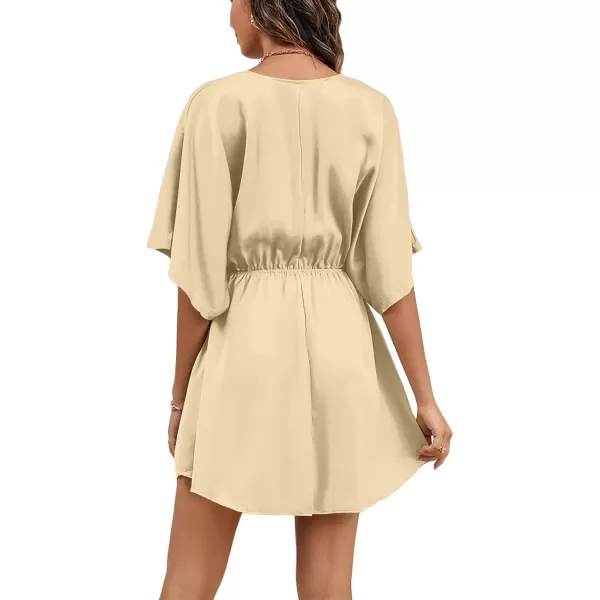 LYANER Women's Satin V Neck Twist Ruffle Flowy Swing Short Sleeve Elegant Mini Dress
