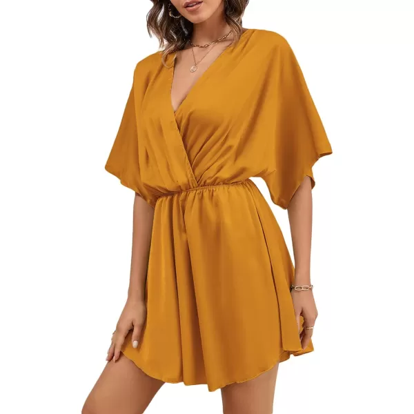 LYANER Women's Satin V Neck Twist Ruffle Flowy Swing Short Sleeve Elegant Mini Dress