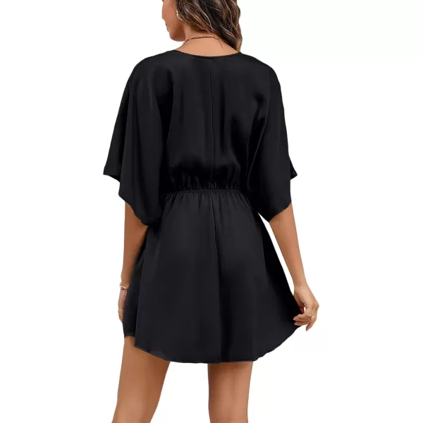 LYANER Women's Satin V Neck Twist Ruffle Flowy Swing Short Sleeve Elegant Mini Dress