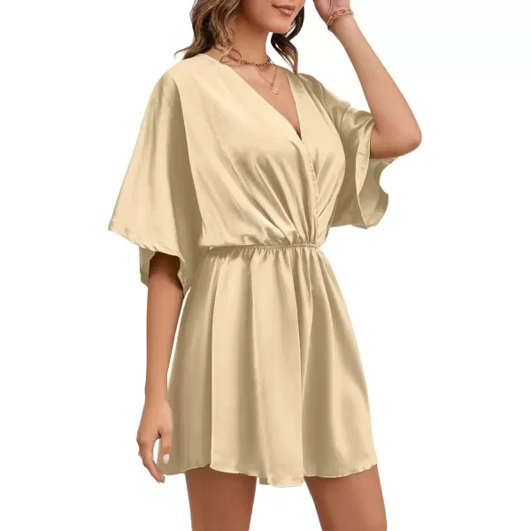 LYANER Women's Satin V Neck Twist Ruffle Flowy Swing Short Sleeve Elegant Mini Dress