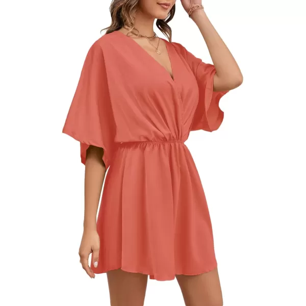 LYANER Women's Satin V Neck Twist Ruffle Flowy Swing Short Sleeve Elegant Mini Dress