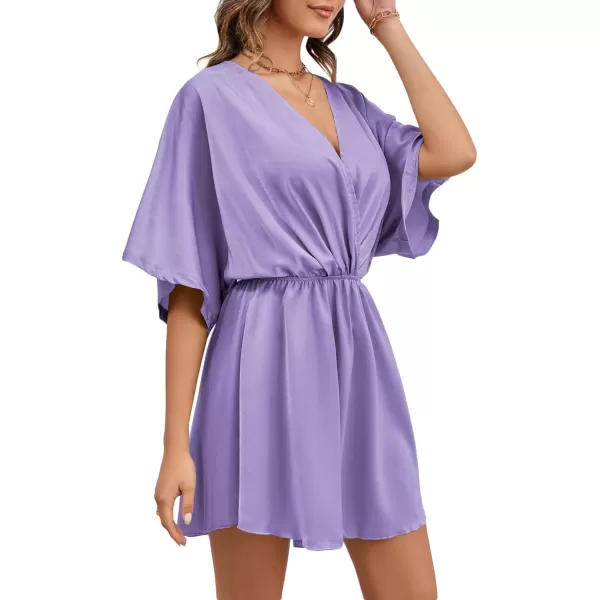 LYANER Women's Satin V Neck Twist Ruffle Flowy Swing Short Sleeve Elegant Mini Dress