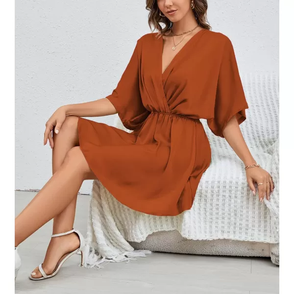 LYANER Women's Satin V Neck Twist Ruffle Flowy Swing Short Sleeve Elegant Mini Dress