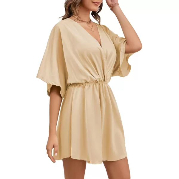 LYANER Women's Satin V Neck Twist Ruffle Flowy Swing Short Sleeve Elegant Mini Dress