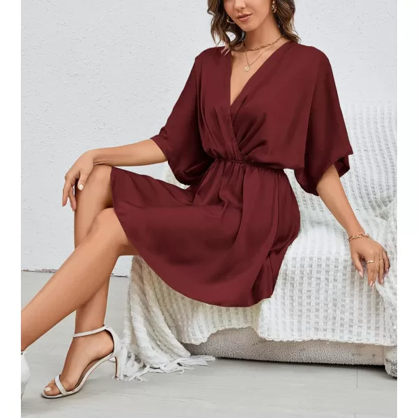 LYANER Women's Satin V Neck Twist Ruffle Flowy Swing Short Sleeve Elegant Mini Dress