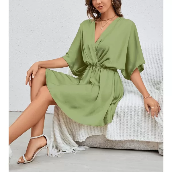 LYANER Women's Satin V Neck Twist Ruffle Flowy Swing Short Sleeve Elegant Mini Dress