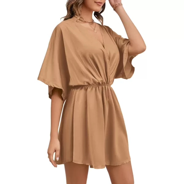 LYANER Women's Satin V Neck Twist Ruffle Flowy Swing Short Sleeve Elegant Mini Dress