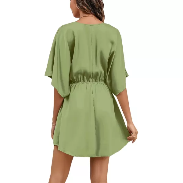 LYANER Women's Satin V Neck Twist Ruffle Flowy Swing Short Sleeve Elegant Mini Dress