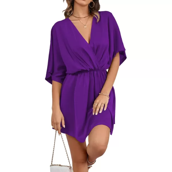 LYANER Women's Satin V Neck Twist Ruffle Flowy Swing Short Sleeve Elegant Mini Dress