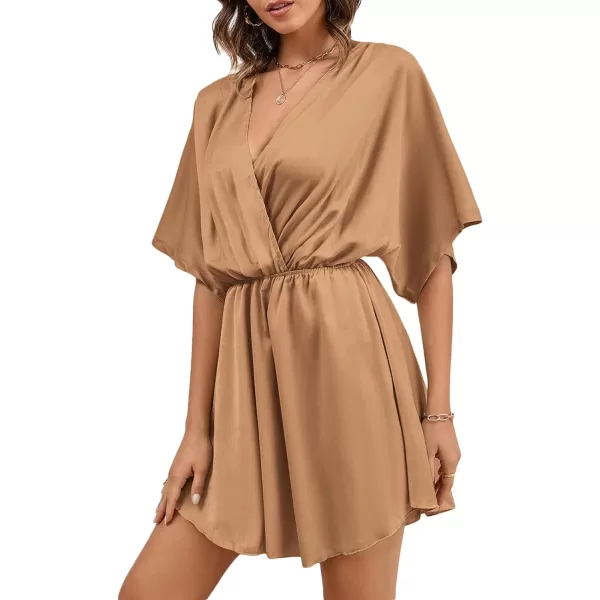 LYANER Women's Satin V Neck Twist Ruffle Flowy Swing Short Sleeve Elegant Mini Dress
