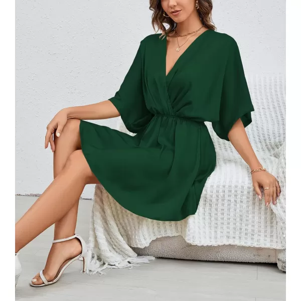 LYANER Women's Satin V Neck Twist Ruffle Flowy Swing Short Sleeve Elegant Mini Dress