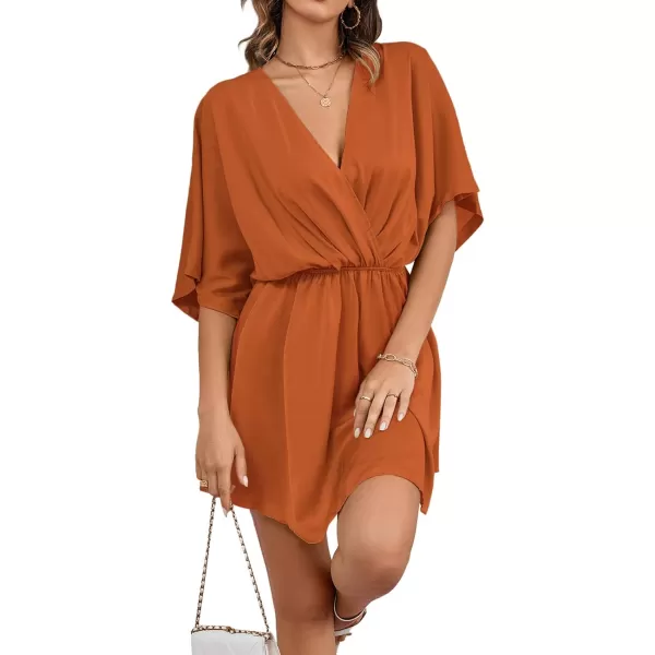 LYANER Women's Satin V Neck Twist Ruffle Flowy Swing Short Sleeve Elegant Mini Dress