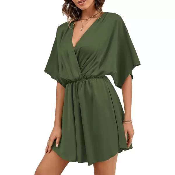 LYANER Women's Satin V Neck Twist Ruffle Flowy Swing Short Sleeve Elegant Mini Dress