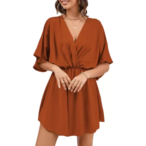 LYANER Women's Satin V Neck Twist Ruffle Flowy Swing Short Sleeve Elegant Mini Dress