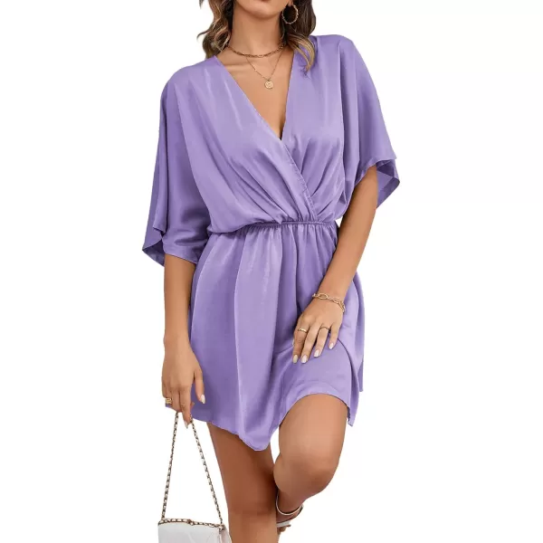 LYANER Women's Satin V Neck Twist Ruffle Flowy Swing Short Sleeve Elegant Mini Dress